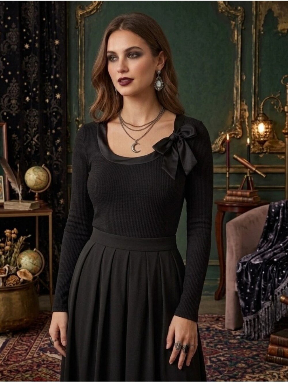 Whimsigoth Ribbed Thermal Top L Black Satin Bow Stretch Dark Fairy Goth Comfort - Picture 16 of 16